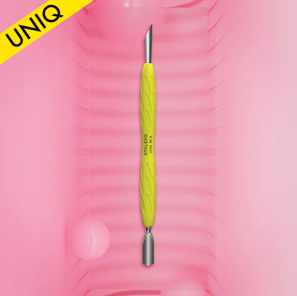 STALEKS UNIQ 10 Type 2 GUMMY Cuticle Pusher – Narrow Rounded Pusher & Bevelled Pusher, Yellow